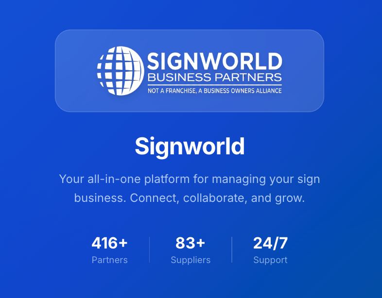 Signworld Business Partners platform branded card showing 416+ Partners, 83+ Suppliers, and 24/7 Support