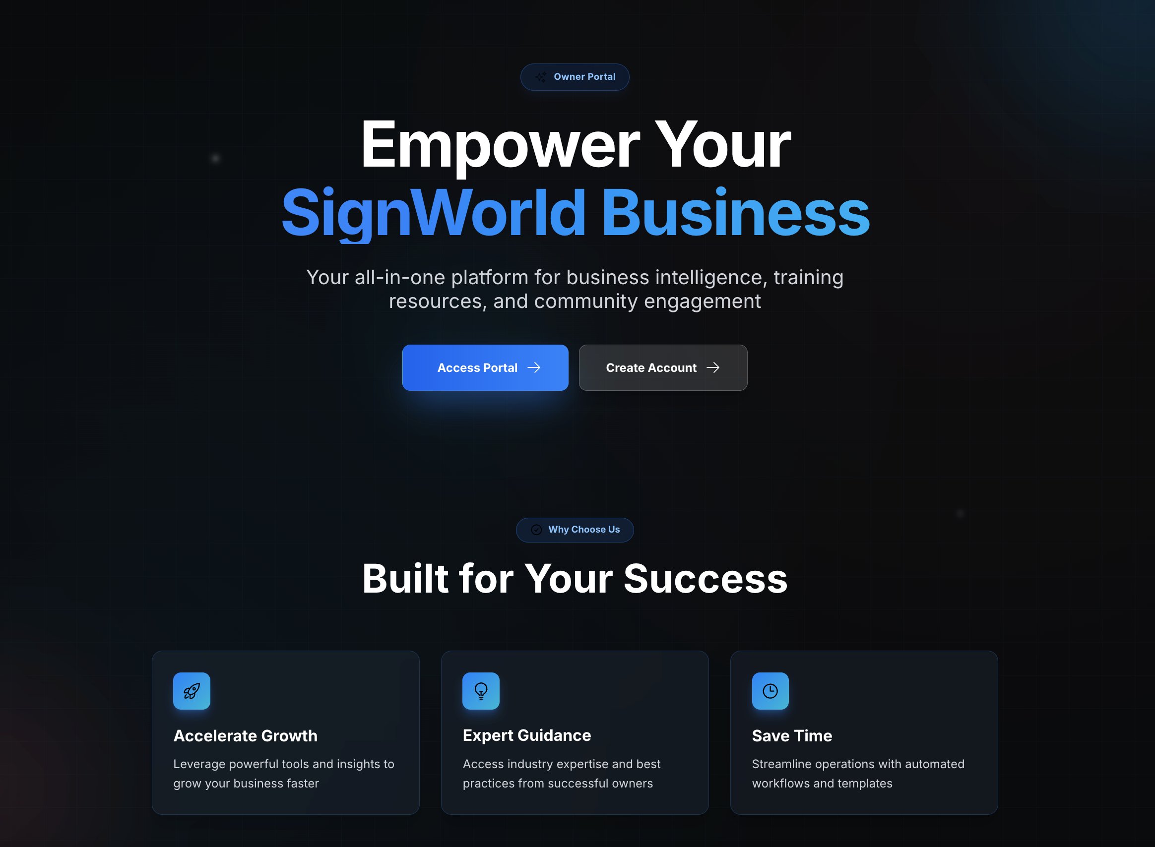 The Signworld Owners Portal welcome screen, showing the platform hero with Access Portal and Create Account buttons, and Built for Your Success feature cards below.